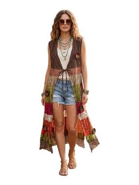 Hadassa Boho Patchwork Crinkle Duster Vest Rose Accents Earth Tones M/L